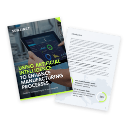A graphic design featuring a brochure titled 'Using Artificial Intelligence to Enhance Manufacturing Processes', showing a person holding a tablet displaying data analytics and charts | AI for Manufacturing SUNZINET