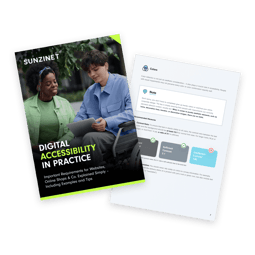 A preview of a guide titled "Digital Accessibility in Practice" by SUNZINET. On the left side, there is a cover of the guide featuring two individuals, one in a wheelchair, discussing something on a laptop. The right side shows an excerpt from the guide that explains color accessibility requirements for digital content | Digital accessibility SUNZINET