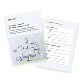 Zwei Seiten einer Broschüre von SUNZINET zum Thema „Die richtigen Daten für Marketing Automation im B2B“. Die Titelseite zeigt eine Illustration mit einem Monitor, umgeben von Roboterarmen mit Symbolen für Kommunikation, Analyse und Technik. Die Innenseite listet relevante Daten für Marketing Automation auf, unterteilt in „Must-have-Daten“ (wie E-Mail-Adresse, Name, Branche, Anrede, Sprache) und „Daten zur Leadqualifizierung“ (wie Telefonnummer, Unternehmensgröße, Funktion, Interessen).