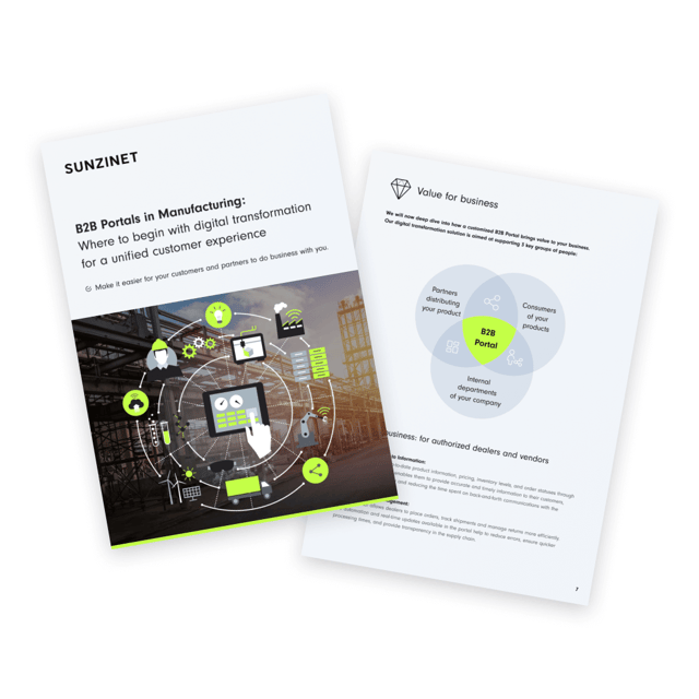 mock-up of a whitepaper titled B2B Portals in Manufacturing: Where to Begin with Digital Transformation for a Unified Customer Experience | Partner portal for manufacturers SUNZINET