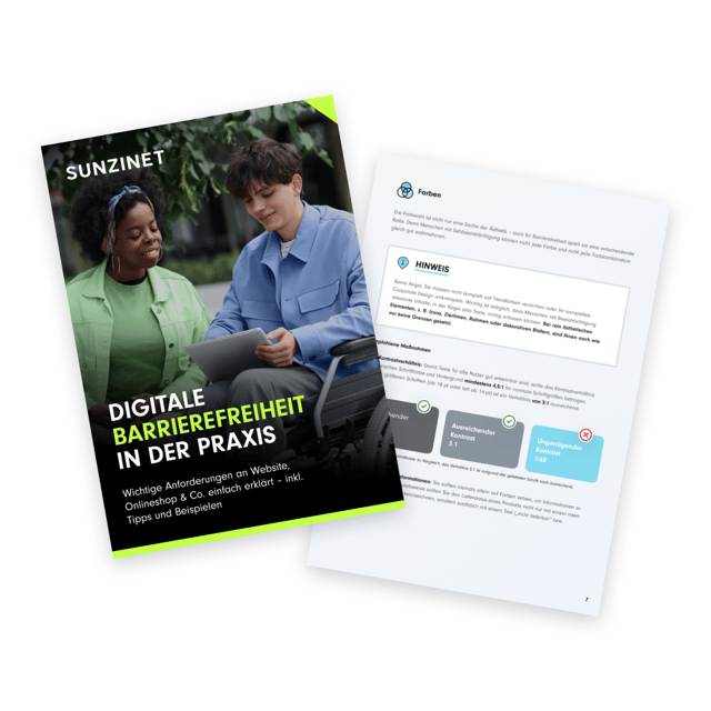 Vorschau auf das Whitepaper von SUNZINET zu digitaler Barrierefreiheit, das wichtige Anforderungen an Websites, Onlineshops und andere digitale Plattformen erklärt. Das Dokument enthält praxisnahe Tipps und Beispiele zur Umsetzung von Barrierefreiheit im digitalen Raum