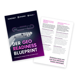 Eine Vorschau auf ein Whitepaper mit dem Titel „Der Geo Readiness Blueprint“. Auf dem Cover ist der Titel „The Geo Readiness Blueprint“ in fetten rosa Buchstaben zu sehen, daneben eine futuristische Roboterhand, die ein digitales Werkzeug hält. Unter dem Titel steht „Ein strategischer Leitfaden für 2026 und darüber hinaus“, und oben sind die Logos von SUNZINET, Storyblok und Otterly AI zu sehen. Auf der rechten Seite ist eine Innenseite des Whitepapers zu sehen, auf der Texte zu Themen wie Schlüsselwörter, Konzepte und KI im Marketing zu lesen sind, zusammen mit einem Aufruf zum Handeln in Bezug auf EAT (Expertise, Authoritativeness und Trustworthiness).