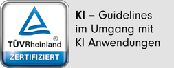 TÜV Rheinland Zertifizierung – KI-Richtlinien Ein TÜV Rheinland Zertifizierungslogo mit der Aufschrift „KI – Guidelines im Umgang mit KI Anwendungen“. KI-Suche von SUNZINET