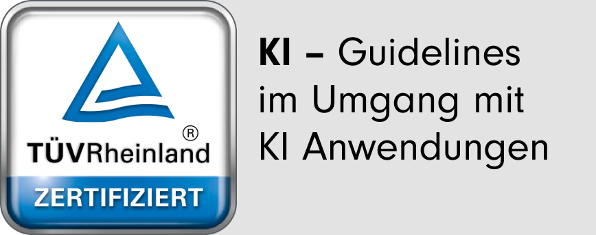 TÜV Rheinland Zertifizierung – KI-Richtlinien Ein TÜV Rheinland Zertifizierungslogo mit der Aufschrift „KI – Guidelines im Umgang mit KI Anwendungen“. KI-Suche von SUNZINET