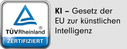 TÜV Rheinland Zertifizierung – EU-KI-Gesetz Ein TÜV Rheinland Zertifizierungslogo mit der Aufschrift „KI – Gesetz der EU zur Künstlichen Intelligenz