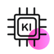 Icon featuring AI inside a square with lines radiating out in all directions, plus a small pink circle in the bottom right corner | data quality and AI SUNZINET