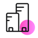 Icon featuring two buildings, one small and one large, in black and white with a pink circle in the bottom right-hand corner | data quality and AI SUNZINET