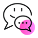 Icon featuring two conversation clouds, one with a smiley face. The design has a small pink circle in the bottom right corner | data quality and AI SUNZINET