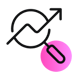 Icon featuring a magnifying glass and an upward-pointing arrow, with a small pink circle in the bottom right-hand corner | data quality and AI SUNZINET