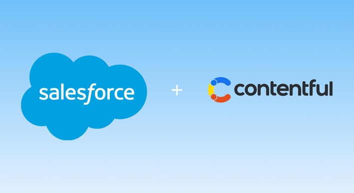 Salesforce and Contentful logos shown side by side on a light blue gradient background, separated by a plus sign to indicate a partnership or integration. | Consulting from full-service Salesforce agency SUNZINET