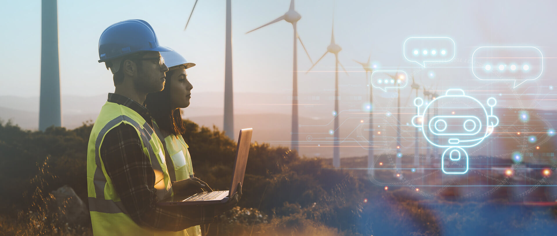 A man and a woman, both wearing safety helmets and high-visibility vests, are standing side by side in front of wind turbines, while a glowing AI chatbot icon and speech bubbles appear overlaid on the image | AI Chatbot SUNZINET