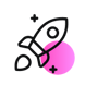 Icon of a rocket launching with a pink circular background partially behind it, symbolizing growth, startup, or progress. | Digital Agency SUNZINET