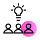 Icon showing three people with a lightbulb above them, with a pink circular background partially behind the person on the right, symbolizing teamwork, idea sharing, or collaboration. | Digital Agency SUNZINET