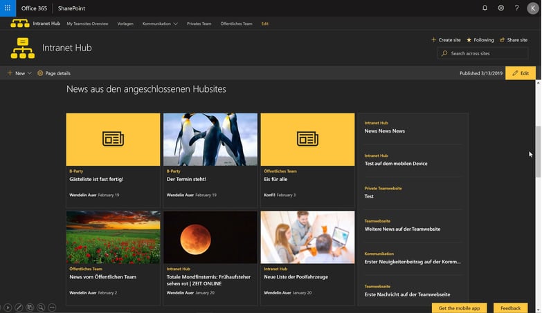 Übersicht der News im Hub Site Intranet