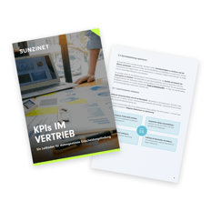 Titelbild und Innenseite eines Whitepapers von SUNZINET mit dem Titel „KPIs im Vertrieb – Ein Leitfaden für datengestützte Entscheidungsfindung“. Auf dem Titelbild liegt ein Laptop auf einem Tisch mit Charts und Diagrammen, daneben steht eine Person. Die geöffnete Seite zeigt einen strukturierten Textabschnitt mit Infoboxen zur Vertriebsoptimierung.