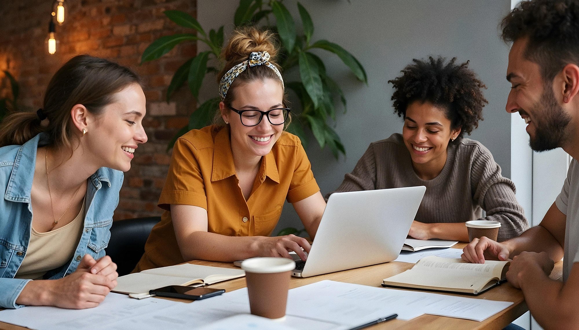 Four young people are sitting together at a table, laughing as they look at a laptop and working as a team | AI agency SUNZINET