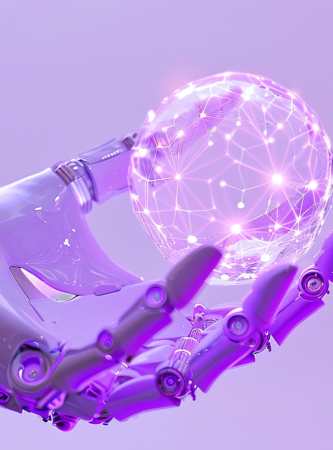 Roboterhand hält eine leuchtende, digitale Kugel mit vernetzten Datenpunkten in futuristischem Design. | KI-Wissensmanagement mit SUNZINET