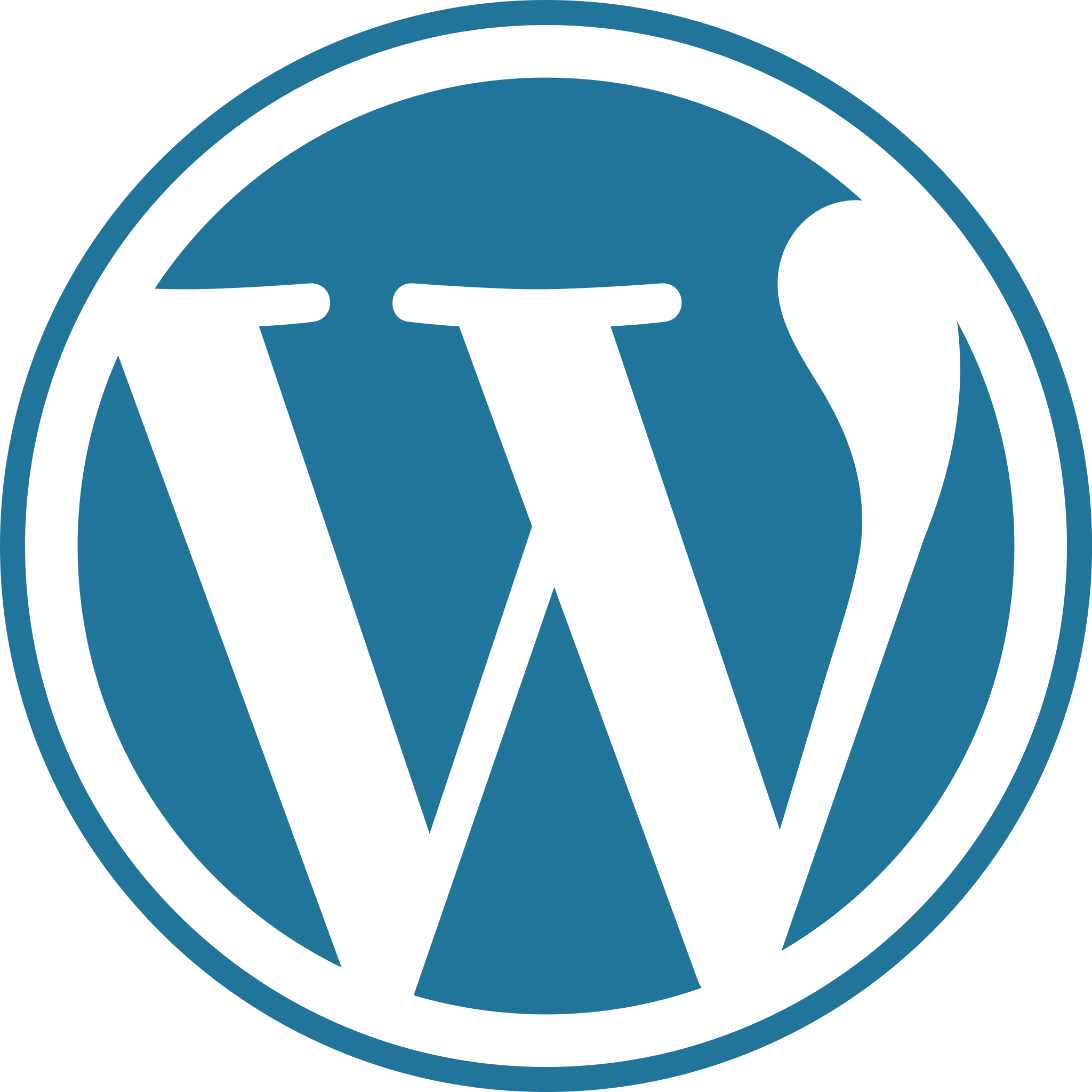 Das Wordpress-Logo, ein weißes W in einem blauen Kreis, wird verwendet, um zu zeigen, dass SUNZINET eine Wordpress-Agentur ist