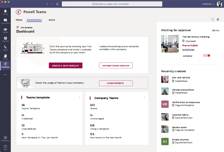 Powell Team Dashboard View für admin-user